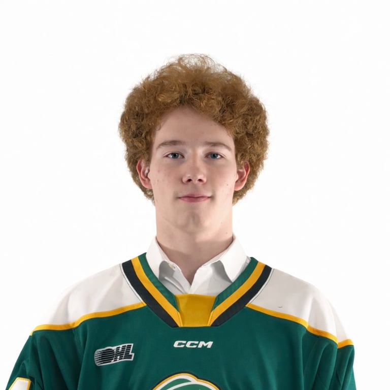 Young athlete with curly reddish-brown hair wearing a green and gold hockey jersey with CCM branding, white collared shirt underneath